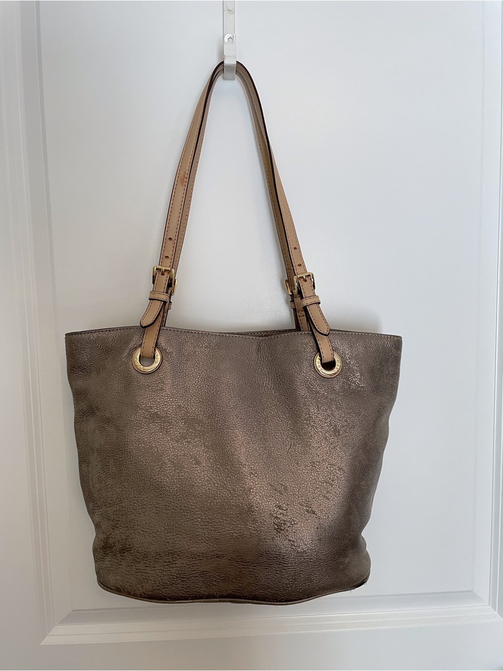 Michael Kors Metallic Taupe Leather Tote with Tan Straps
